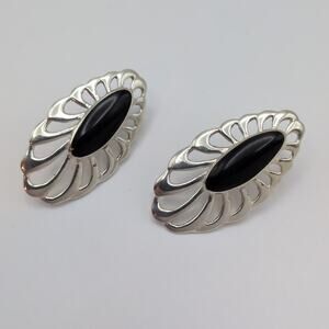 Sterling Silver Black Cabochon Onyx Oval Cutout Pierced Earrings 1.84in 8.53g